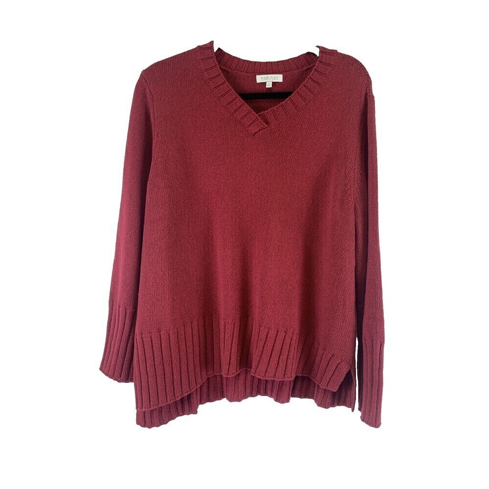 Habitat Red Knit Sweater V-Neck Boxy Relaxed Asymmetrical Hem Ribbed Women Large